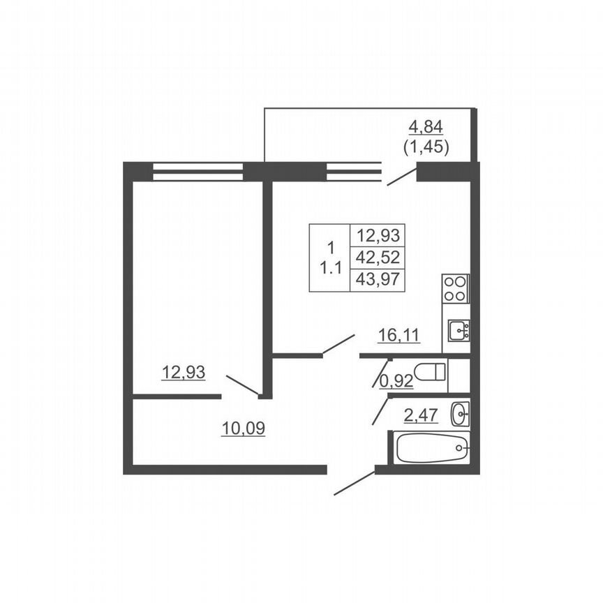 1-к. квартира, 44 м², 8/16 эт.