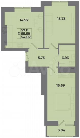 2-к. квартира, 57,1 м², 1/10 эт.