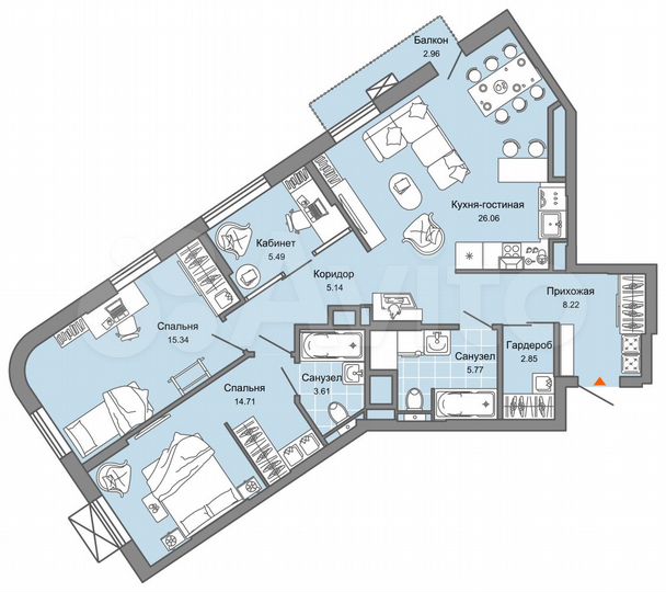 2-к. квартира, 88 м², 8/8 эт.