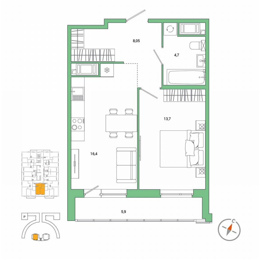1-к. квартира, 45,8 м², 12/25 эт.