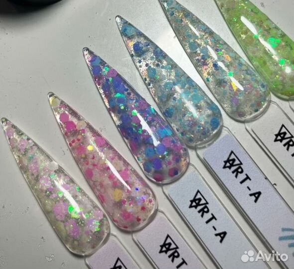 6 цветов гелей с блёстками