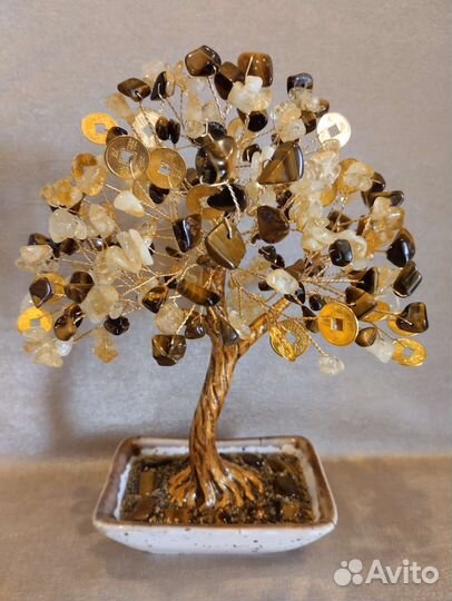 Дерево счастья из цитрина, тиг.глаза с монетками