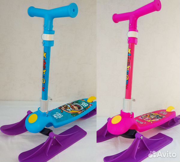 Самокат-снегокат 3-колесный(3 лыжи) розовый, синий