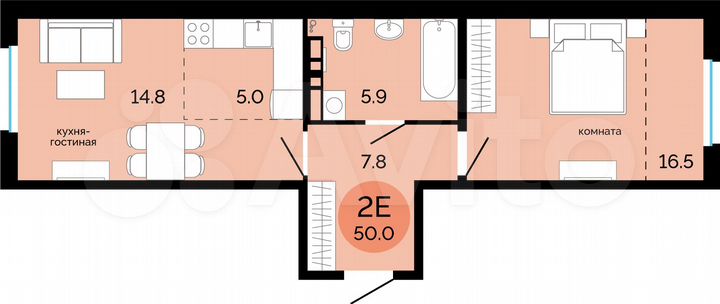 2-к. квартира, 50 м², 12/17 эт.