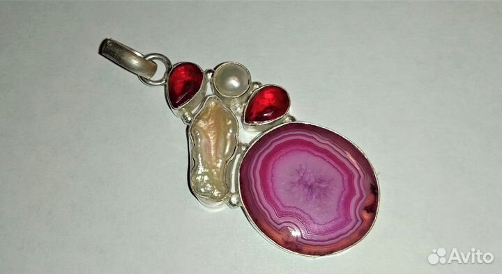 Кулон кварц жемчуг гранат серебро 6 см