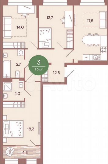 3-к. квартира, 89,5 м², 2/17 эт.