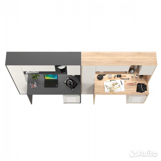 Два компьютерных стола Mobi Комфорт 12.95N с пеналом и тумбой сонома/тёмно-серый/белый