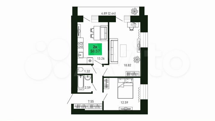 2-к. квартира, 58,6 м², 11/16 эт.