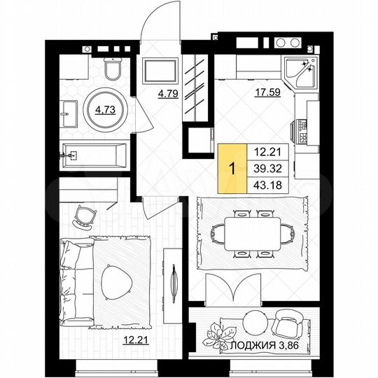 1-к. квартира, 43,2 м², 7/7 эт.