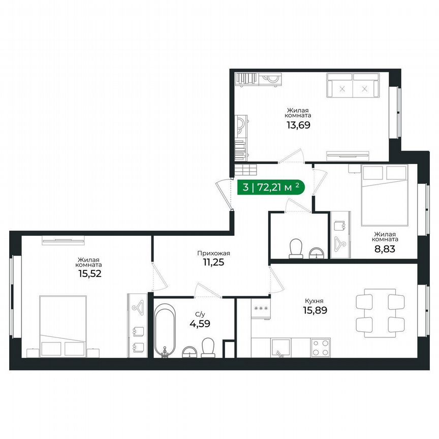 3-к. квартира, 70,9 м², 1/8 эт.