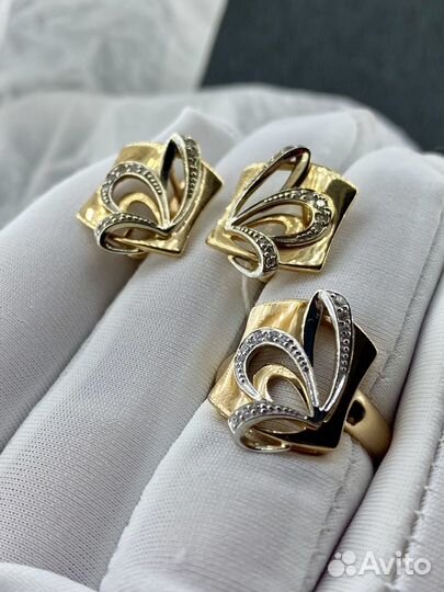 Золотые серьги и кольцо 585 пробы с фианитом