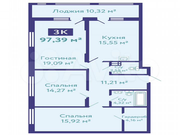 3-к. квартира, 97,2 м², 3/10 эт.