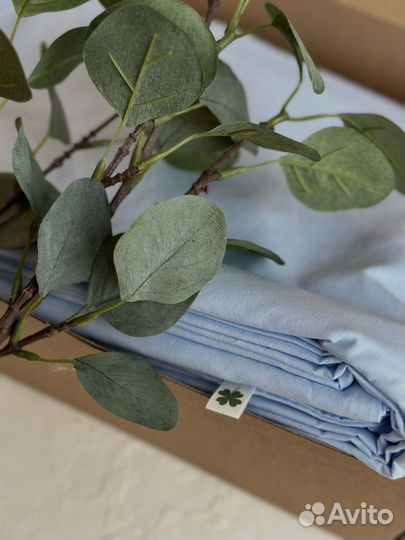 Постельное белье евро голубое из вареного хлопка