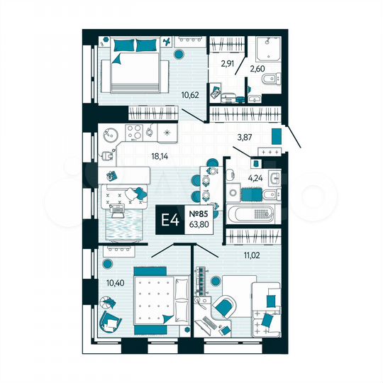 3-к. квартира, 63,8 м², 8/15 эт.