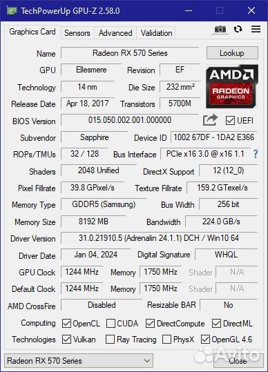 Видеокарта sapphire nitro+ rx 570 8gb
