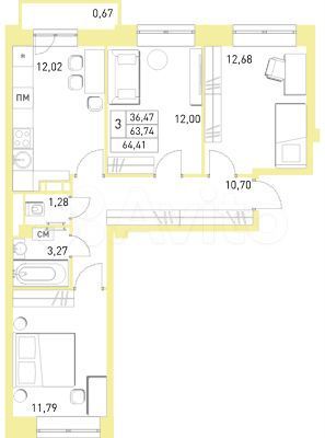 3-к. квартира, 64,4 м², 11/17 эт.