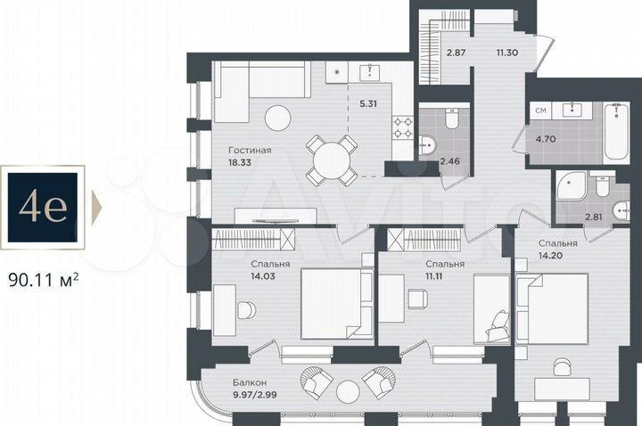 4-к. квартира, 90,1 м², 14/24 эт.