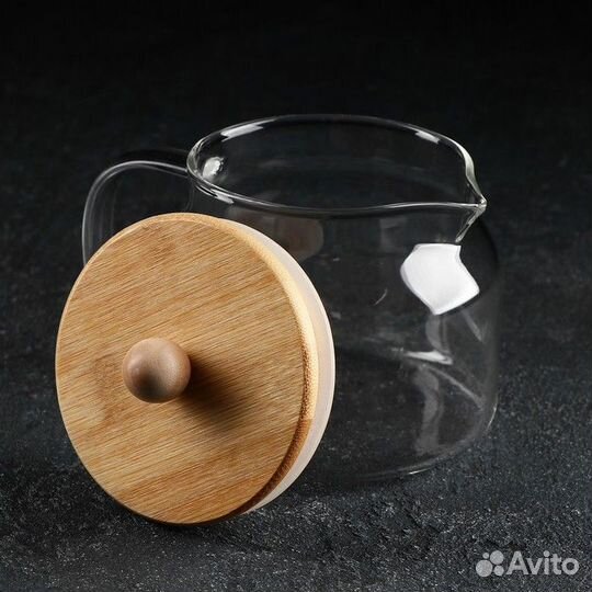 Чайник стеклянный заварочный с бамбуковой крышкой