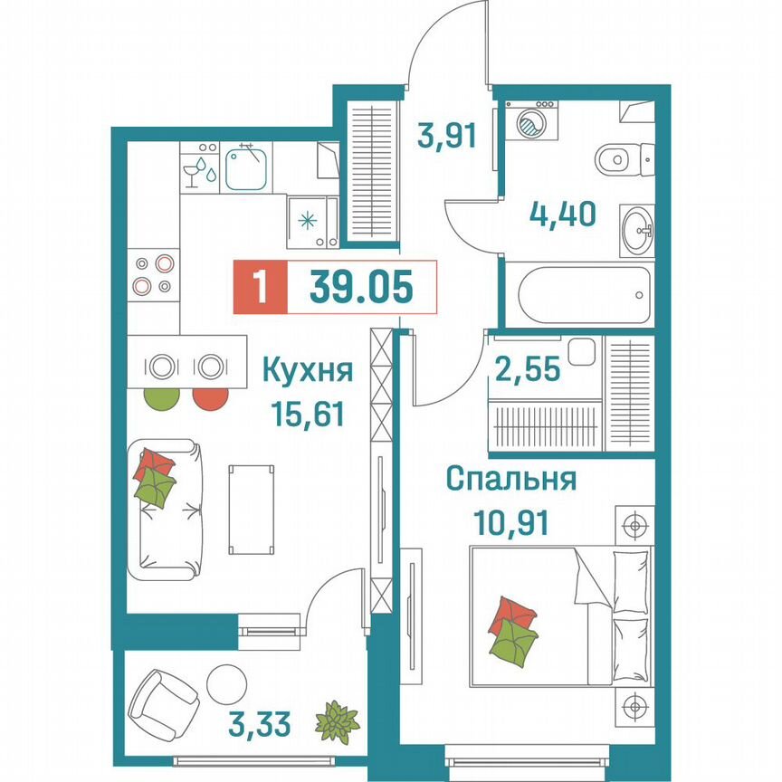 1-к. квартира, 39,1 м², 1/18 эт.