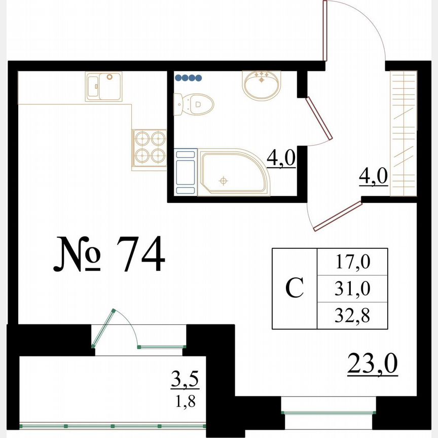 Квартира-студия, 32,8 м², 1/8 эт.