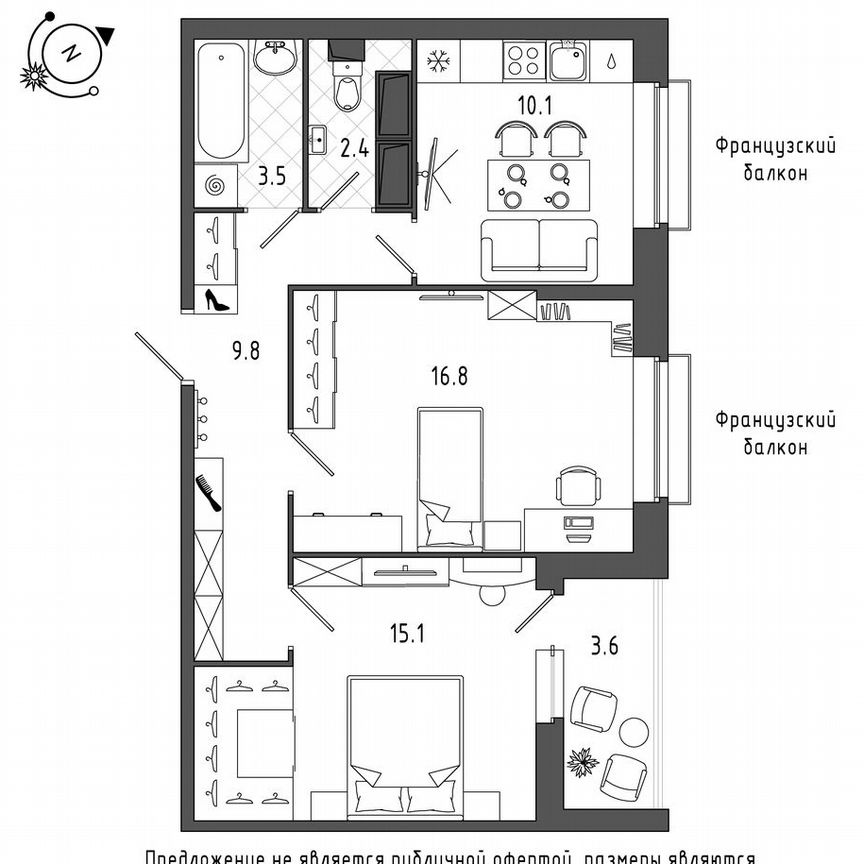 2-к. квартира, 59,8 м², 9/12 эт.