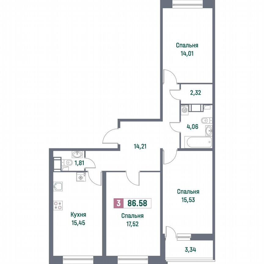 3-к. квартира, 86,6 м², 13/16 эт.