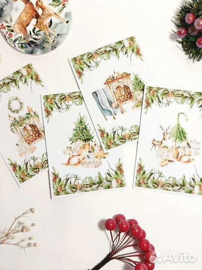 Открытка акварель Новый год 4шт