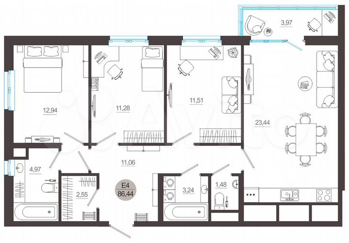 2-к. квартира, 86,4 м², 5/18 эт.