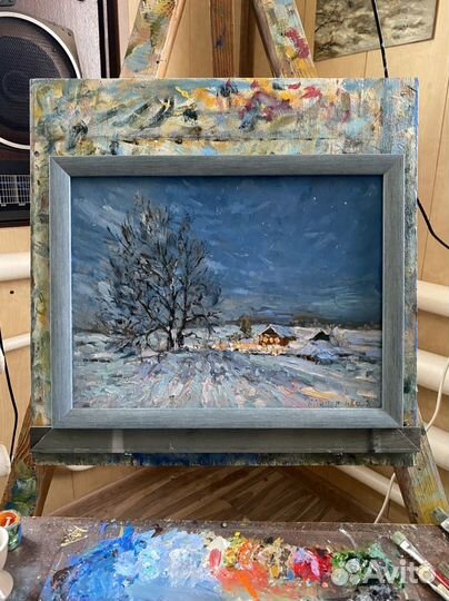 Картина маслом, пейзаж, Зимний домик в феврале