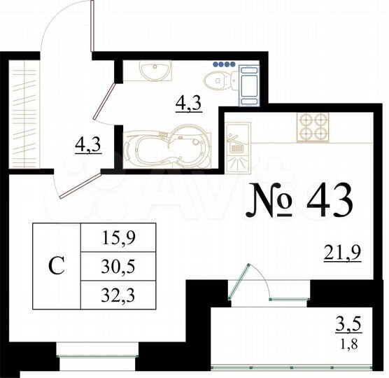 Квартира-студия, 32,3 м², 5/8 эт.