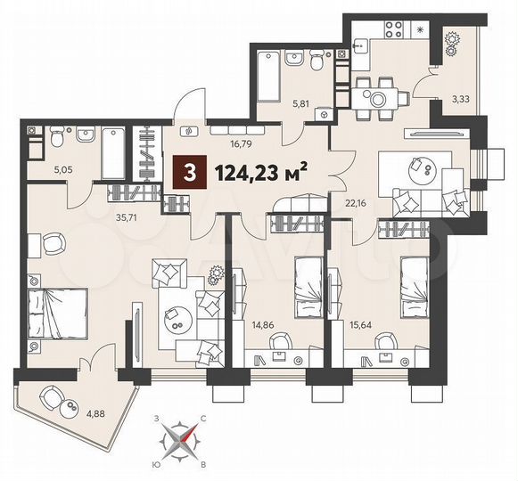3-к. квартира, 124,2 м², 14/18 эт.