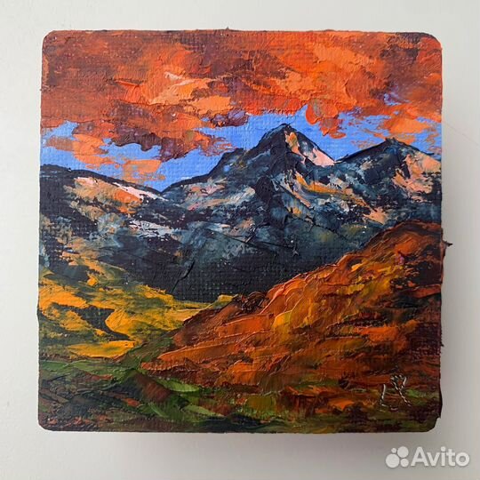 Картина маслом горный пейзаж поле с цветами