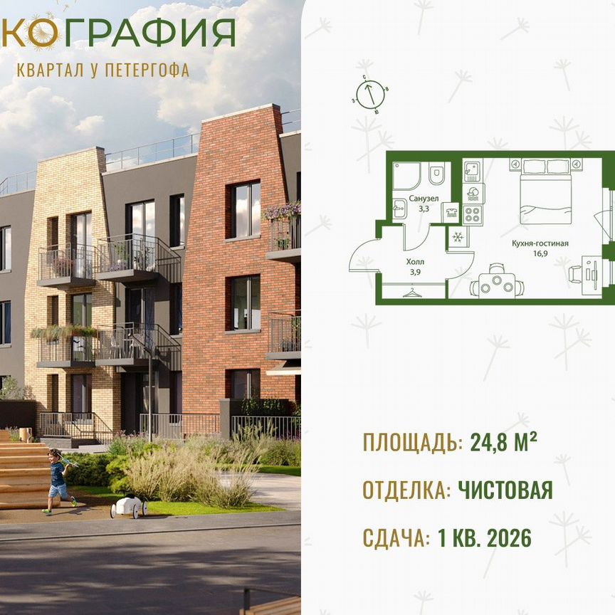 Квартира-студия, 24,8 м², 2/3 эт.