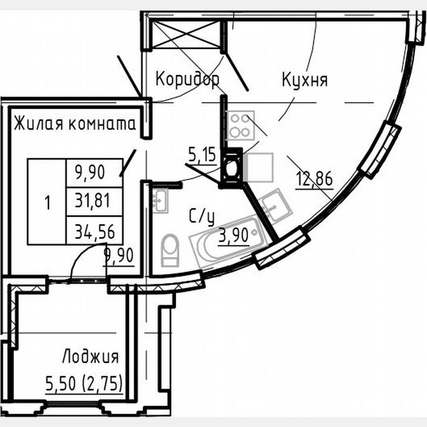 1-к. квартира, 31,8 м², 8/25 эт.