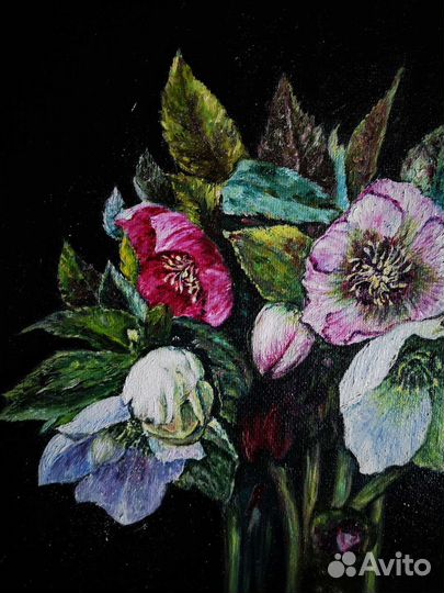 Интерьерная картина маслом цветы черная