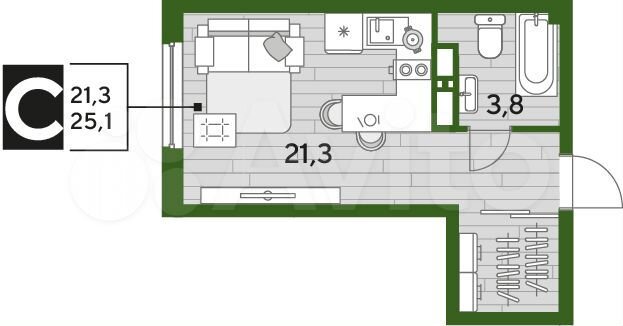 Квартира-студия, 25,1 м², 16/19 эт.