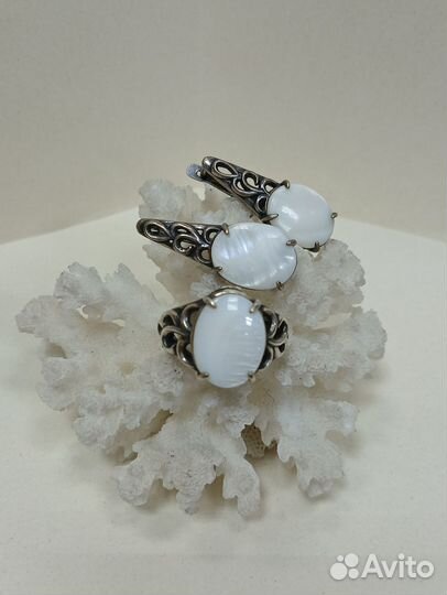 Комплект кольцо серьги мельхиор СССР перламутр
