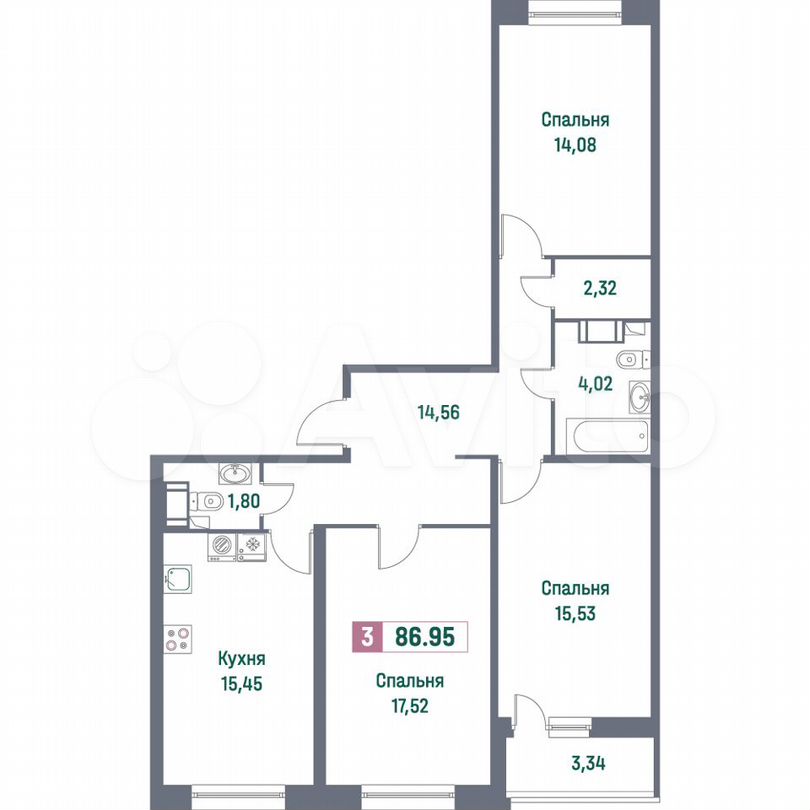 3-к. квартира, 87 м², 6/16 эт.