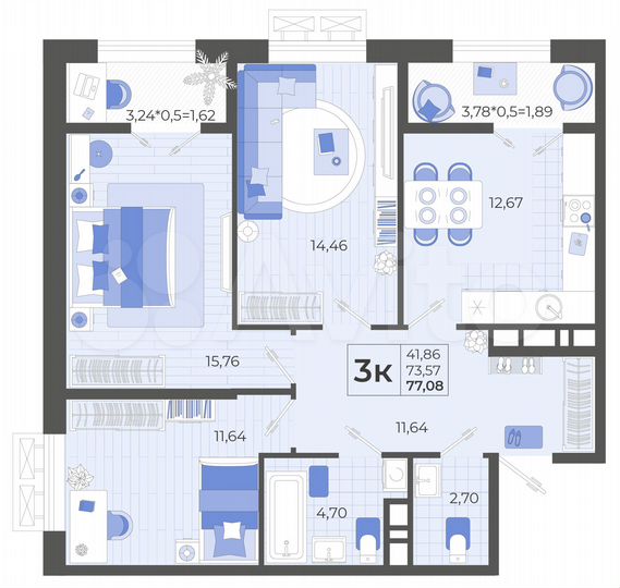 3-к. квартира, 77,1 м², 12/12 эт.