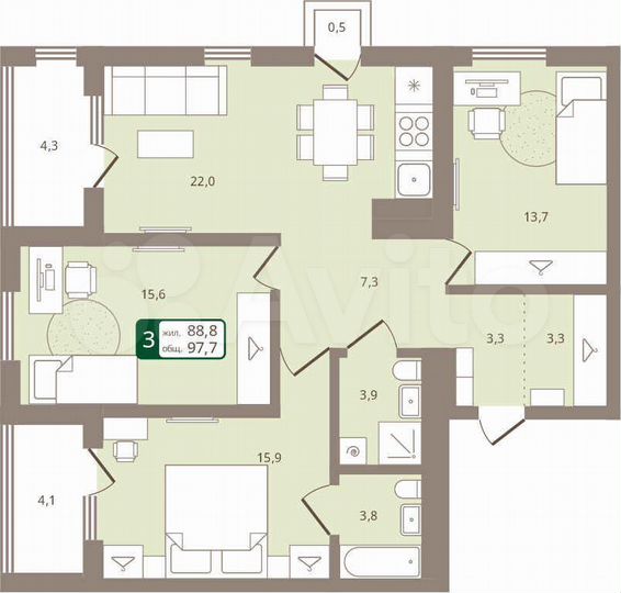 3-к. квартира, 97,7 м², 3/4 эт.
