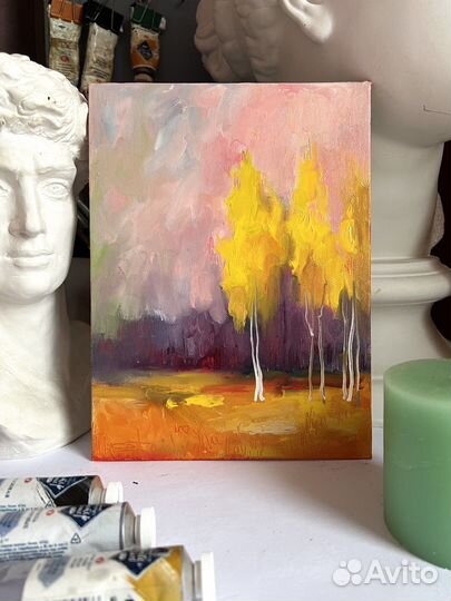 Картина маслом пейзаж, березы осенью, 18/24 см
