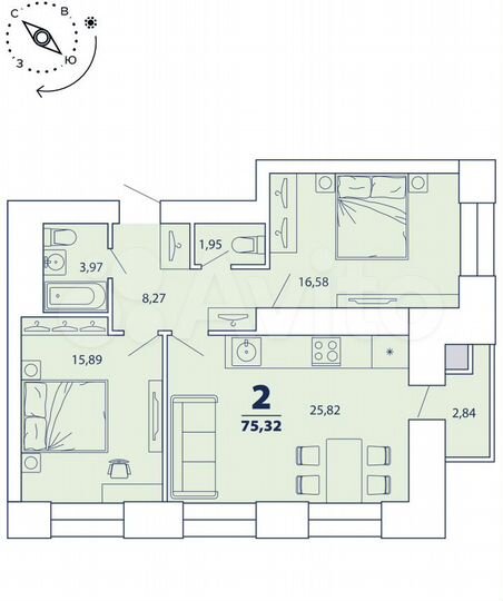 2-к. квартира, 75,3 м², 10/16 эт.