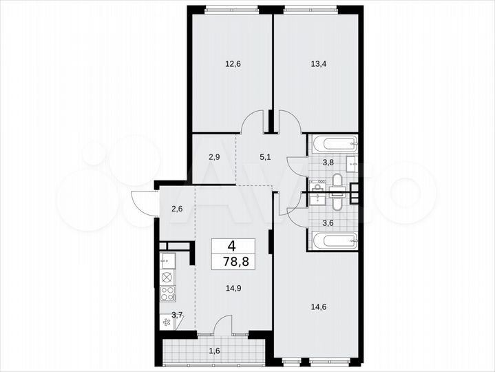 4-к. квартира, 78,8 м², 8/15 эт.