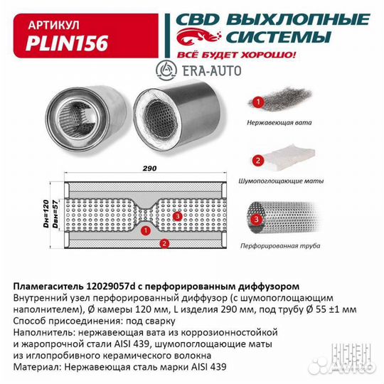 CBD plin156 Пламегаситель 12029057d с перфорированным диффузором, из Нерж.стали. CBD. plin156