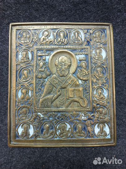 Икона Николай чудотворец 19 век бронза эмаль