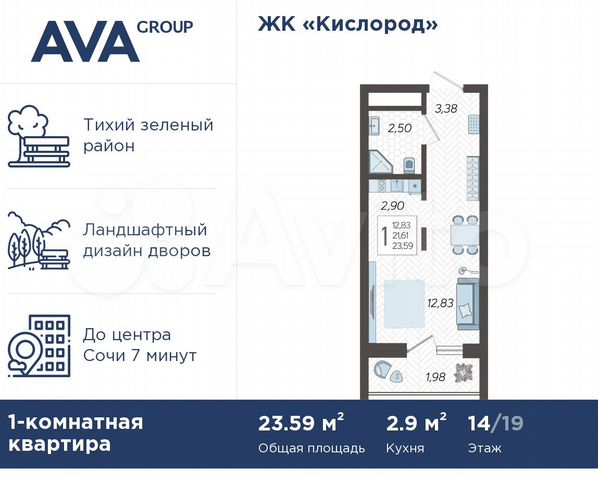 Квартира-студия, 23,6 м², 14/19 эт.