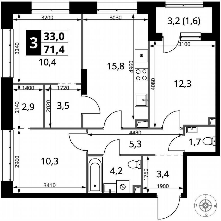 3-к. квартира, 71,4 м², 2/25 эт.