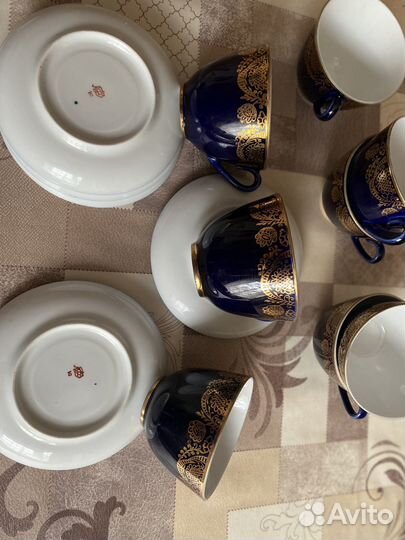 Чайная пара СССР, лфз, cobalt Золотой цветок