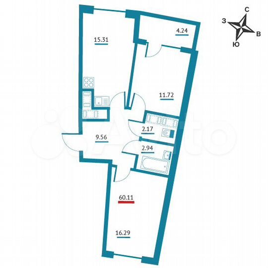2-к. квартира, 60,1 м², 18/22 эт.