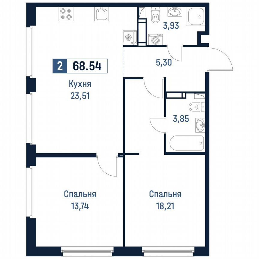 2-к. квартира, 68,5 м², 12/18 эт.